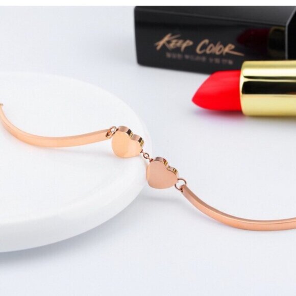 14K Rose Gold Plated Double Love Heart Charm Bracelet for Women - Picture 2 of 4